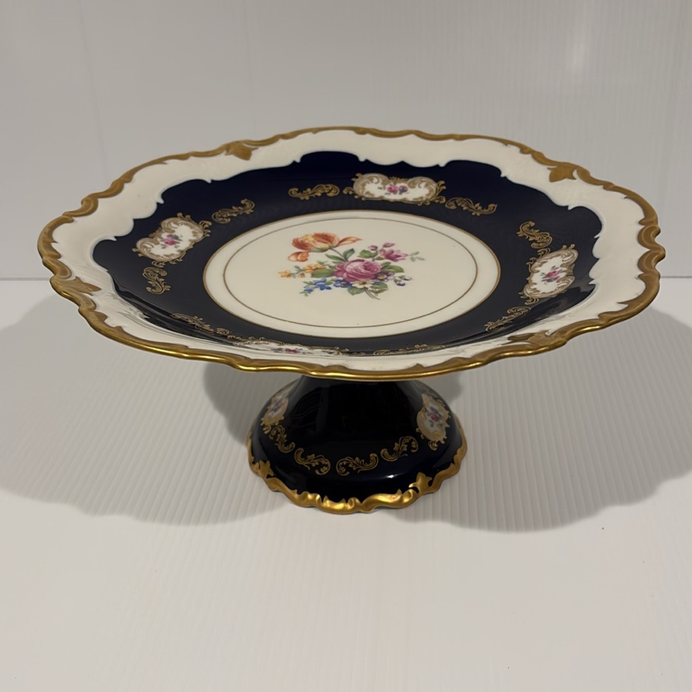 Reichenbach Porcelain Cobalt Blue Vintage Pedestal Cake Stand Etched Cobalt